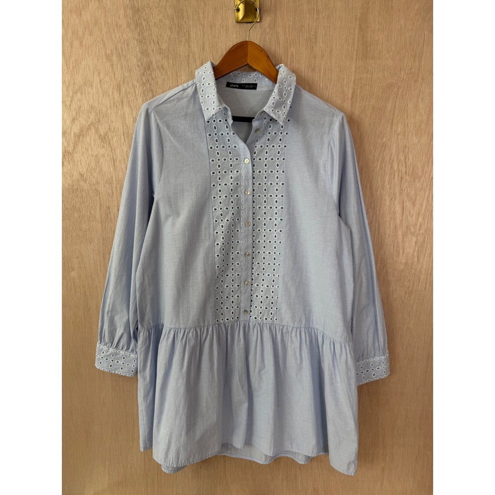 Zara Light Blue Eyelet Embroidered Peplum Tunic Button Down Shirt Large